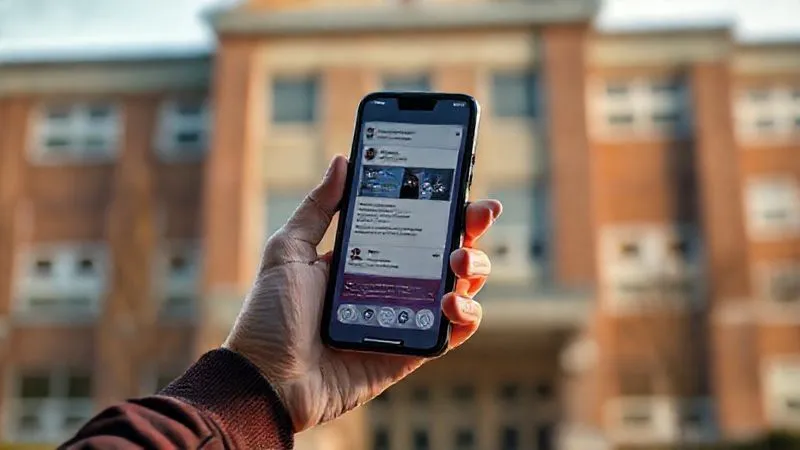 A photorealistic image of a student's hand holding a smartphone, with a blurred school building in the background, the screen displaying a social media interface with subtle symbols of conflict or distress. Cinematic lighting, sharp focus on the phone, 8K, professional photography.