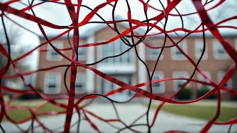 A photorealistic image of a complex legal labyrinth or a tangled web of red tape, with a blurred school building in the background, symbolizing the legal challenges schools face. Cinematic lighting, sharp focus on the labyrinth, 8K, professional photography.