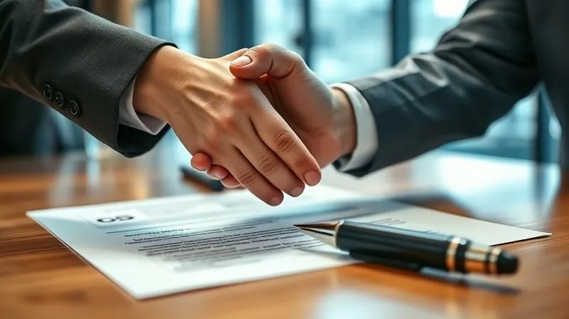 A photorealistic close-up of two hands shaking firmly over a legal document with a pen, symbolizing a sealed agreement. Cinematic lighting, sharp focus on the handshake, depth of field blurring a modern office background. 8K, professional photography, shot on a high-end DSLR.