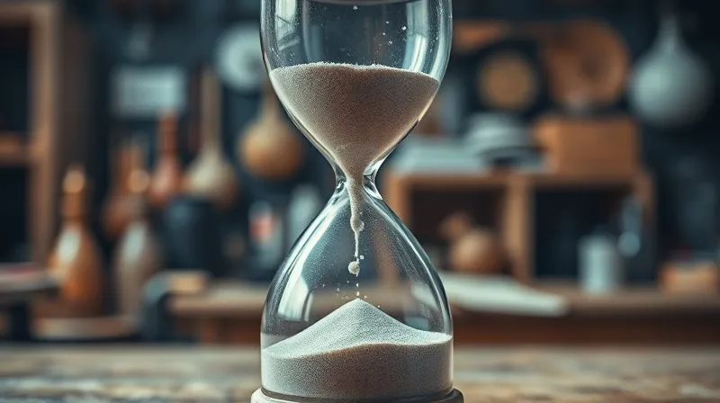 A photorealistic image of a broken hourglass, with sand spilling out rapidly, symbolizing lost time and missed opportunities for patent protection. The background is a blurred, slightly anxious inventor's workshop. Cinematic lighting, sharp focus on the broken hourglass, depth of field. 8K, professional photography, shot on a high-end DSLR.