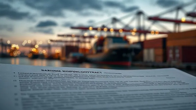 A photorealistic close-up of a maritime shipping contract with highlighted clauses related to demurrage and free time, with a blurred background of a modern container port at dawn. Professional photography, 8K, cinematic lighting, sharp focus, depth of field, shot on a high-end DSLR.