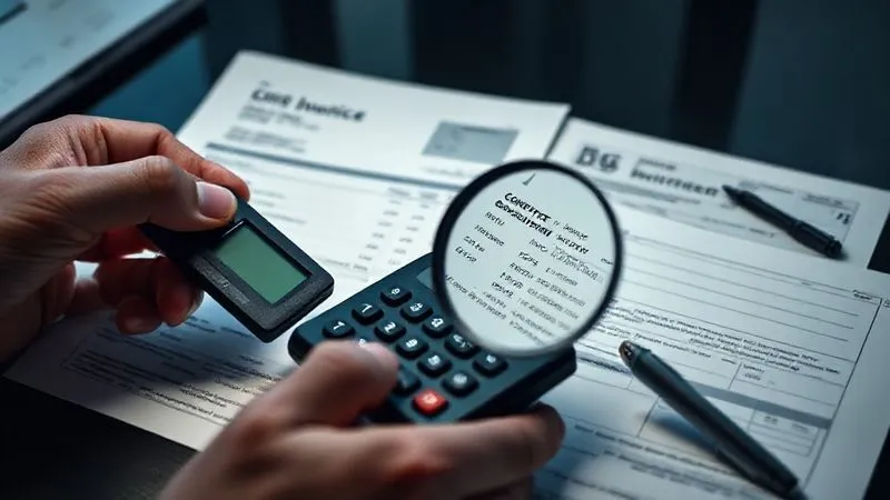 A photorealistic detailed shot of a hand using a calculator and comparing numbers on a complex shipping invoice against a printed contract, with a magnifying glass highlighting discrepancies. Professional photography, 8K, cinematic lighting, sharp focus, depth of field, shot on a high-end DSLR.