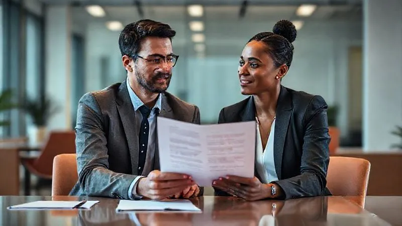A photorealistic image of two diverse professionals, one a manager and one an employee, sitting across a desk in a modern office, engaged in a clear and focused conversation, with a document open between them outlining goals. Cinematic lighting, sharp focus on their expressions of understanding, depth of field blurring the background. 8K hyper-detailed, professional photography.
