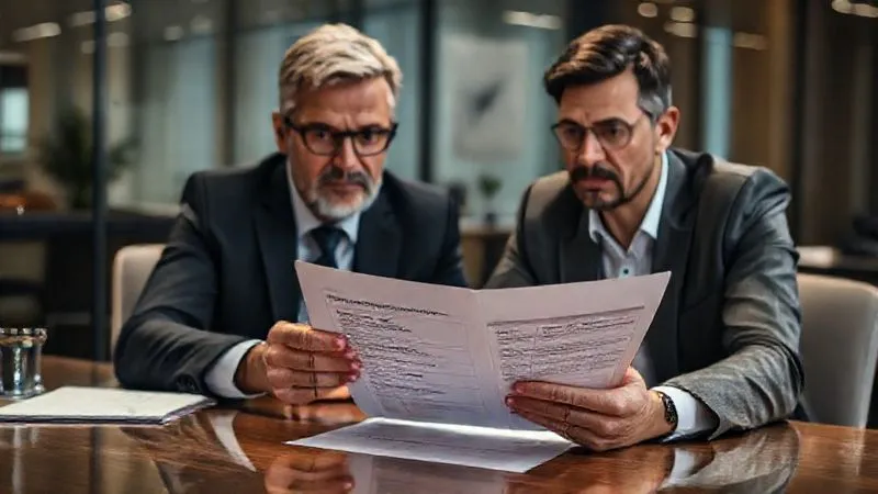 A photorealistic image of a manager and an employee reviewing a performance improvement plan document together, both looking serious but collaborative. The document is clearly visible on a table, with sections for "Goals," "Actions," and "Timeline." Professional office setting, cinematic lighting, sharp focus on the document and their hands, depth of field blurring the background. 8K hyper-detailed.