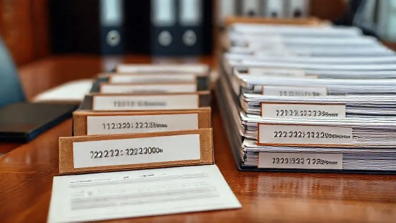 A photorealistic image of a series of neatly arranged legal documents, binders, and folders, each clearly labeled with dates and employee names, on a polished wooden desk. The scene emphasizes order and meticulous record-keeping. Professional photography, cinematic lighting, sharp focus on the labels, depth of field blurring the background elements. 8K hyper-detailed.