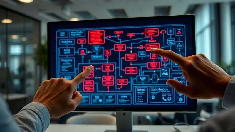 A photorealistic image of a complex flowchart or process diagram on a digital screen, with several nodes highlighted in red, indicating bottlenecks or points of failure. Hands are pointing to specific areas on the screen, showing analysis of operational disruption. The setting is a modern, collaborative office, professional photography, 8K, cinematic lighting, sharp focus, depth of field.