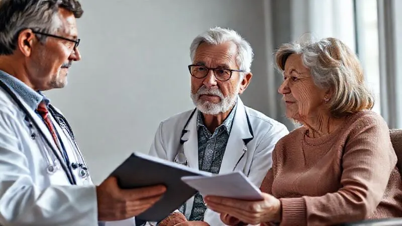 A photorealistic image of a doctor in a white coat consulting with a senior patient and a family member, with a clipboard and medical documents visible. Professional, warm lighting, sharp focus on their faces, depth of field. 8K hyper-detailed.