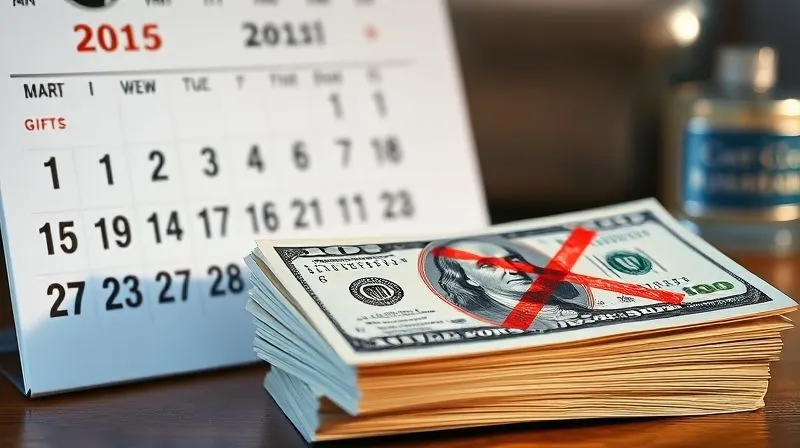 photorealistic, professional photography, 8K, cinematic lighting, sharp focus, depth of field, shot on a high-end DSLR. A calendar with the current date highlighted, and a faint, shimmering '5-year' overlay casting a shadow backwards, symbolizing the Medicaid look-back period. A stack of crisp dollar bills is partially obscured by a red 'X' stamp, representing gifts versus legitimate payments. The scene conveys caution and the passage of time in financial planning.