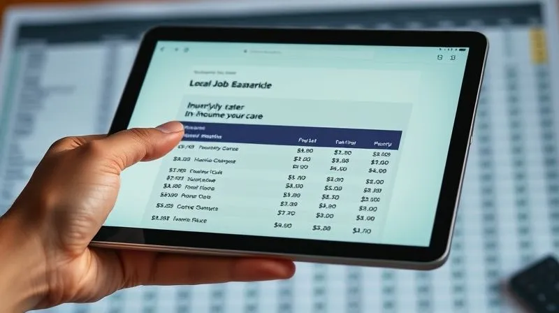 photorealistic, professional photography, 8K, cinematic lighting, sharp focus, depth of field, shot on a high-end DSLR. A hand holding a tablet displaying a local job board or care services website, showing various hourly rates for in-home care. In the background, a blurred image of a spreadsheet or calculator, emphasizing research and numerical analysis. The image should convey diligent research and financial accuracy.