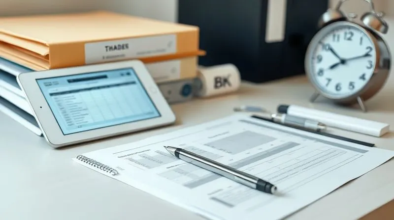 photorealistic, professional photography, 8K, cinematic lighting, sharp focus, depth of field, shot on a high-end DSLR. A neatly organized desk with a stack of labeled binders, a pen, a digital tablet displaying a spreadsheet, and a clock. The items are arranged to symbolize meticulous record-keeping and time management for caregiver services. Soft, focused lighting highlights the details of the documents.