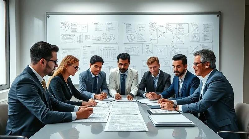 A photorealistic image of a diverse group of legal professionals collaborating around a large table, reviewing documents, with a whiteboard in the background showing complex legal diagrams, professional photography, 8K, cinematic lighting.
