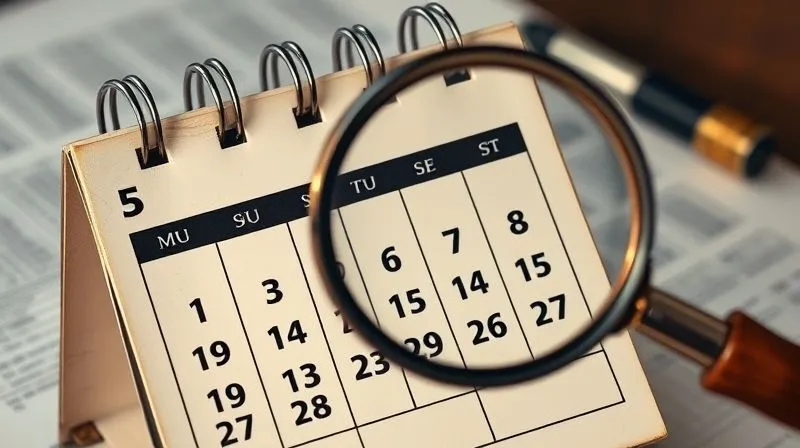 Photorealistic, professional photography, 8K, cinematic lighting, sharp focus, depth of field, shot on a high-end DSLR. A vintage calendar showing a 5-year span, with key dates highlighted, subtly overlaid with a magnifying glass, symbolizing a financial 'look-back' or audit. The background is a blurred image of legal documents, suggesting a review of records.