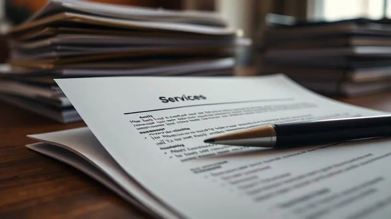 Photorealistic, professional photography, 8K, cinematic lighting, sharp focus, depth of field, shot on a high-end DSLR. A close-up shot of a legal document open to a section detailing services, with a pen resting beside it. The text is clear but not readable, symbolizing important legal details. The background is a warm, softly lit office environment with blurred stacks of files, conveying meticulous planning.