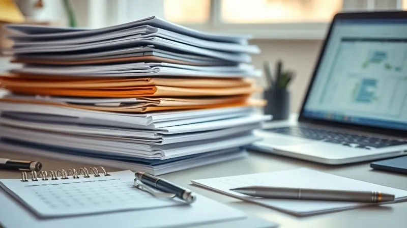 Photorealistic, professional photography, 8K, cinematic lighting, sharp focus, depth of field, shot on a high-end DSLR. A neatly organized desk with stacks of files, labeled folders, a calendar, and a pen. The lighting is bright and clear, emphasizing order and meticulous record-keeping. A subtle hint of a laptop screen displaying a spreadsheet or digital log in the background.