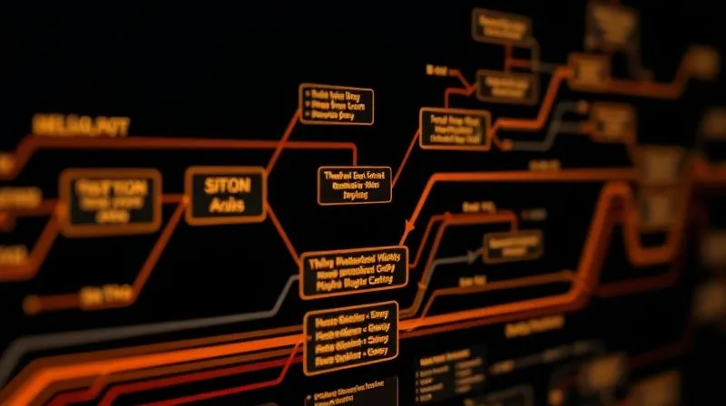 photorealistic, professional photography, 8K, cinematic lighting, sharp focus, depth of field, shot on a high-end DSLR. A detailed, glowing flowchart or algorithm diagram on a dark background, with specific steps and decision points clearly visible, representing a complex software process. The lines flow dynamically, illustrating logical progression and innovative problem-solving.