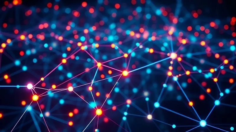 photorealistic, professional photography, 8K, cinematic lighting, sharp focus, depth of field, shot on a high-end DSLR. A vibrant, intricate 3D visualization of interconnected data nodes and pathways, flowing dynamically within a complex network architecture. The data streams are glowing, illustrating efficient and novel information transfer, with a subtle sense of intelligence and automation.