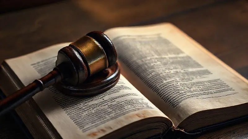 photorealistic, professional photography, 8K, cinematic lighting, sharp focus, depth of field, shot on a high-end DSLR. A judge's gavel resting on a weathered, open constitutional law book, its pages illuminated by a focused beam of light, symbolizing the weight of legal interpretation and scrutiny.