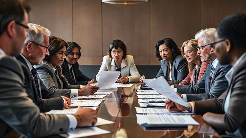 photorealistic, professional photography, 8K, cinematic lighting, sharp focus, depth of field, shot on a high-end DSLR. A diverse group of legal professionals and community leaders engaged in an intense discussion around a large conference table, reviewing legislative documents. The scene is collaborative yet focused, with thoughtful expressions and gestures, suggesting robust debate and scrutiny.