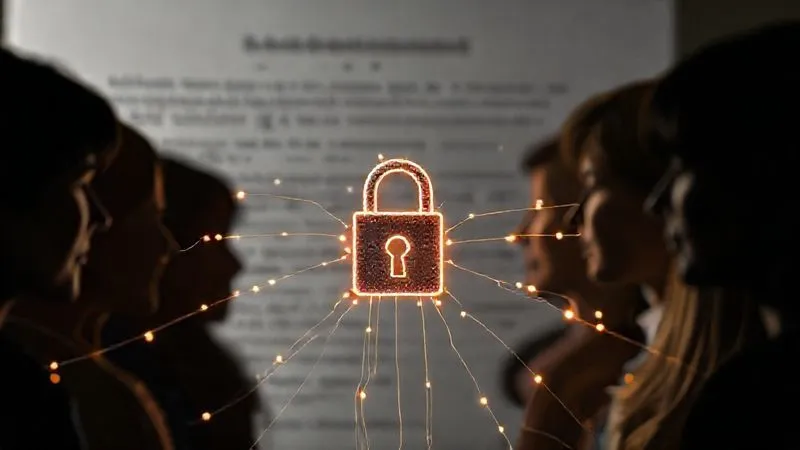 A photorealistic, professional photography, 8K, cinematic lighting, sharp focus, depth of field, shot on a high-end DSLR, showing a diverse group of people's silhouettes, each connected by a delicate, glowing data thread to a central, secure digital lock. The threads represent data subject rights, and the lock symbolizes the protection of their data. The background is a subtly blurred legal document, reinforcing the contractual aspect. Emotional resonance: empowerment, control, security.