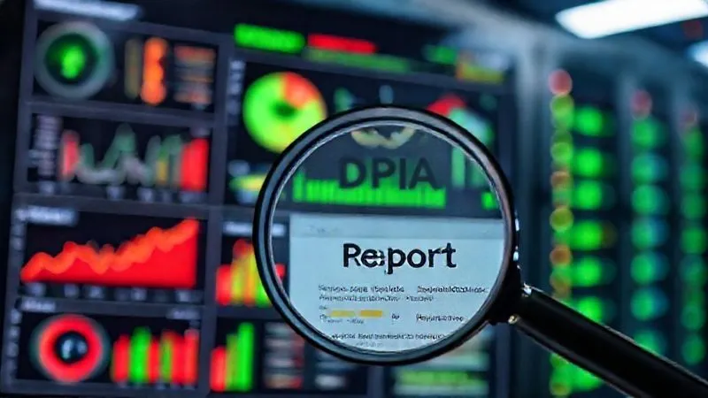 A photorealistic image depicting a digital dashboard with various risk metrics and graphs, some glowing red for high risk, others green for low. In the foreground, a magnifying glass hovers over a section titled 'DPIA Report,' highlighting detailed data. The background is a blurred, secure data center environment. Professional photography, 8K, cinematic lighting, sharp focus, depth of field, shot on a high-end DSLR, conveying a sense of meticulous risk management and proactive assessment.