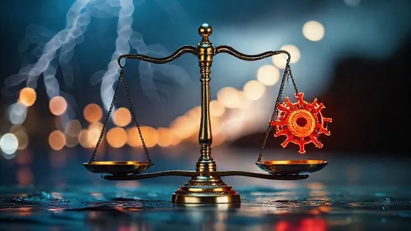A photorealistic, professional photography, 8K, cinematic lighting, sharp focus, depth of field image of a legal scale balancing traditional "Acts of God" (lightning, flood) against modern disruptions (network cables, virus symbols), illustrating the evolving definition of force majeure.