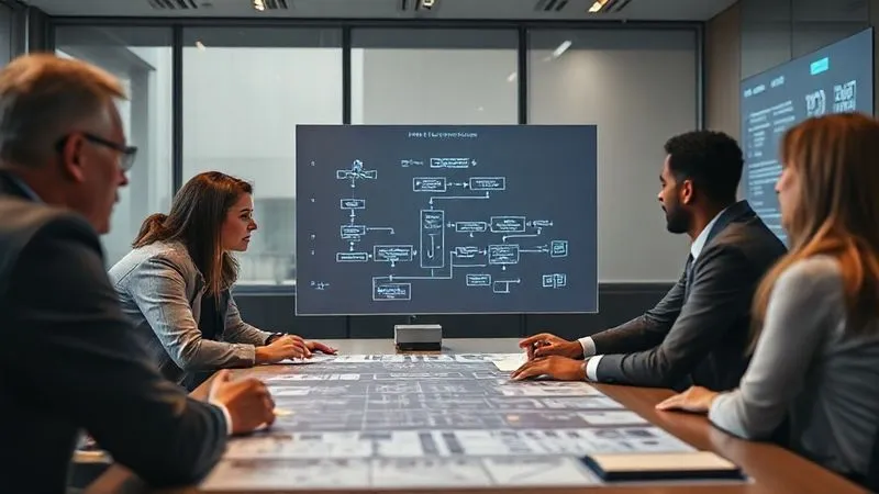 A photorealistic, professional photography, 8K, cinematic lighting, sharp focus, depth of field image of a diverse group of professionals in a modern conference room, intensely reviewing a complex flow chart representing a supply chain, with digital projections showing risk assessment data. The atmosphere is collaborative and focused on preparedness.