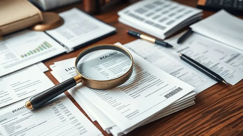 A photorealistic image of a legal desk covered with neatly organized financial documents, including bank statements, tax returns, property deeds, and investment portfolios, with a magnifying glass resting on a stack of papers. The scene is well-lit, professional photography, 8K, cinematic lighting, sharp focus, depth of field, shot on a high-end DSLR.