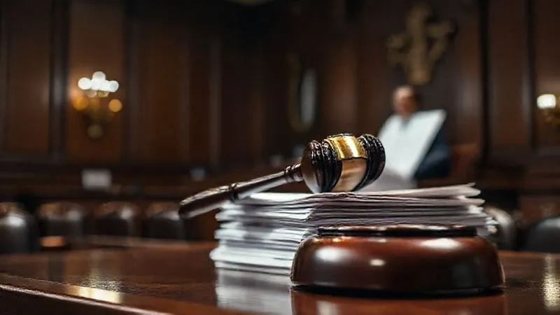 A photorealistic, professional photography, 8K, cinematic lighting, sharp focus, depth of field, shot on a high-end DSLR, depicting a judge's gavel resting on a stack of legal documents in a dimly lit, traditional courtroom, with a court reporter's machine visible in the foreground, emphasizing the meticulous recording of proceedings.