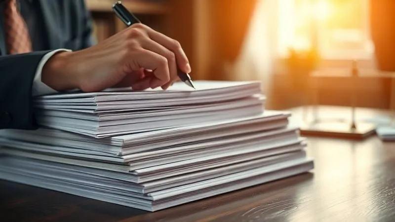 A photorealistic, professional photography, 8K, cinematic lighting, sharp focus, depth of field, shot on a high-end DSLR, depicting a stack of perfectly bound legal briefs on a barrister's desk, with a focused hand holding a pen, poised to make a final edit. The scene conveys intense concentration and the gravitas of legal scholarship.