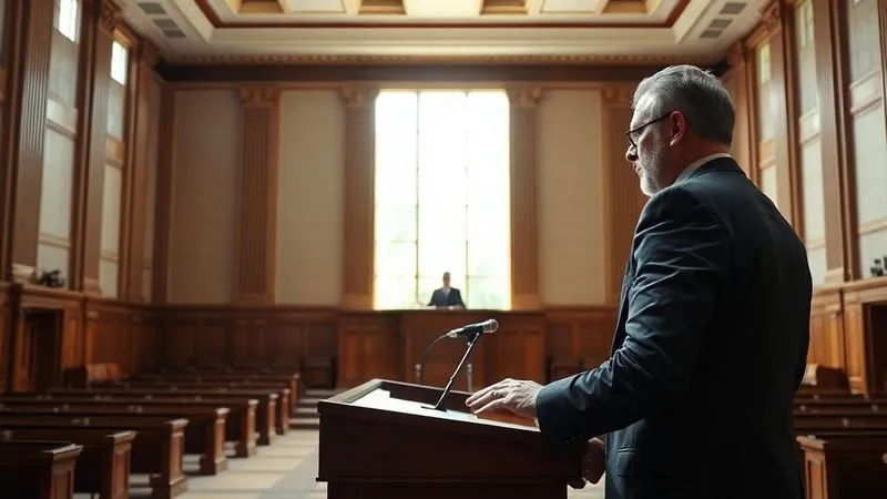 A photorealistic, professional photography, 8K, cinematic lighting, sharp focus, depth of field, shot on a high-end DSLR, depicting a determined attorney at a podium in a grand, empty courtroom, gesturing persuasively towards the empty judge's bench. The setting evokes the solemnity and intellectual challenge of appellate argument, with natural light filtering through tall windows.