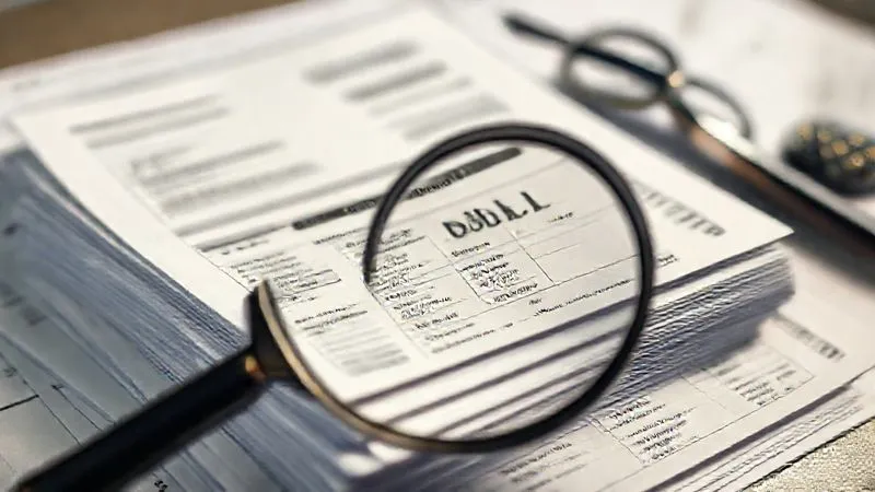 Photorealistic, professional photography of a stack of complex medical bills and cost projections, with a magnifying glass hovering over a section, highlighting discrepancies. Cinematic lighting, sharp focus on the bills, depth of field blurring the background, 8K hyper-detailed.