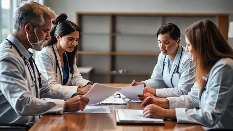 Photorealistic, professional photography of a diverse team of medical and legal professionals (doctor, nurse, lawyer, therapist) collaborating around a table, reviewing documents and discussing a complex case. Cinematic lighting, sharp focus on the people and documents, depth of field blurring the background, 8K hyper-detailed.