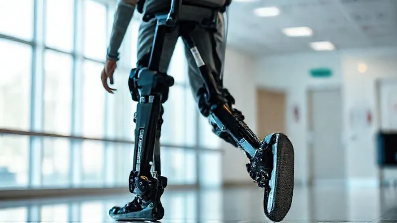 Photorealistic, professional photography of an individual with an exoskeleton walking with assistance, in a modern, bright rehabilitation facility. Cinematic lighting, sharp focus on the technology, depth of field blurring the background, 8K hyper-detailed.