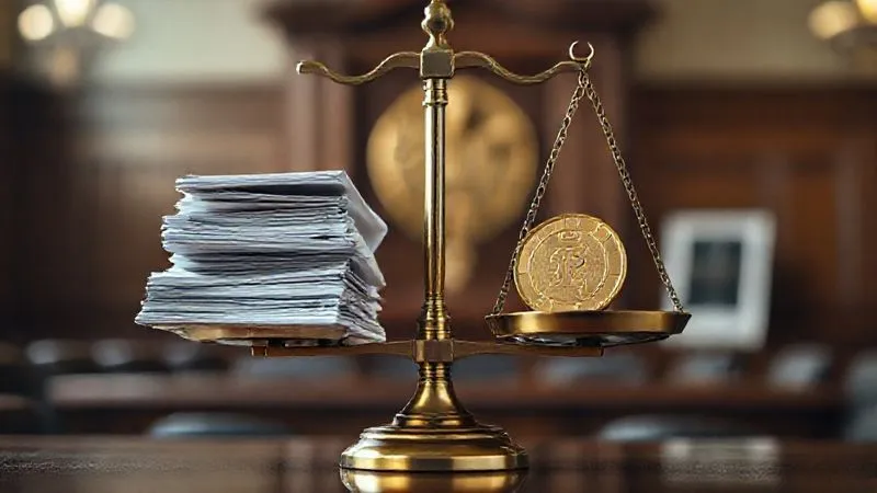 A photorealistic image of a legal scale perfectly balanced, with a stack of documents on one side and a single, heavy gold coin on the other, symbolizing the burden of proof. Cinematic lighting, sharp focus on the scales, depth of field blurring a courtroom background. 8K hyper-detailed, shot on a high-end DSLR.