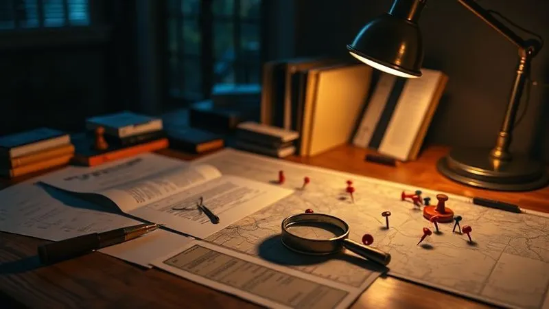 A photorealistic image of a detective's desk at night, illuminated by a single desk lamp. Documents, magnifying glass, and a map with pushpins are scattered across the wooden surface, symbolizing meticulous investigation and strategic discovery. Cinematic lighting, sharp focus on the desk items, depth of field blurring the background. 8K hyper-detailed, shot on a high-end DSLR.