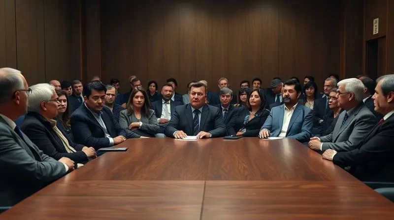 photorealistic, professional photography, 8K, cinematic lighting, sharp focus, depth of field, shot on a high-end DSLR. A solemn, diverse group of individuals seated in a semi-circle, listening intently to a speaker (out of frame). The room is dimly lit, emphasizing the serious nature of the proceedings, with a large, imposing wooden table in the foreground.