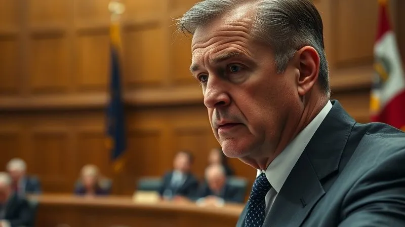photorealistic, professional photography, 8K, cinematic lighting, sharp focus, depth of field, shot on a high-end DSLR. A sharp, focused image of a prosecutor in a courtroom, mid-sentence, with a stern expression. The background is slightly blurred, focusing on the intensity of the legal argument, with legal texts and a flag subtly in the background.