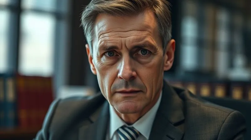 photorealistic, professional photography, 8K, cinematic lighting, sharp focus, depth of field, shot on a high-end DSLR. A determined male defense attorney, mid-forties, with a serious but empathetic expression, looking directly at the viewer. He is in a modern law office, subtly blurred legal books and documents in the background, conveying expertise and readiness for battle.