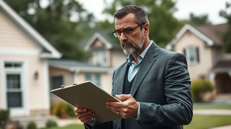 A photorealistic image of a professional real estate appraiser holding a clipboard, looking at a house with a serious, focused expression. The house is in sharp focus, with a blurred background of a suburban neighborhood. Cinematic lighting, 8K hyper-detailed, professional photography.