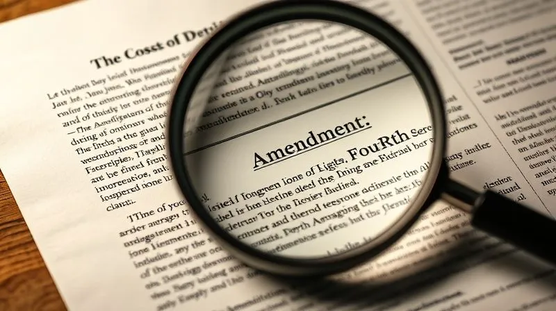 A photorealistic image of a legal document with sections highlighted, specifically focusing on constitutional amendments like the Fourth Amendment, with a magnifying glass over key text, cinematic lighting, sharp focus, depth of field, 8K hyper-detailed.