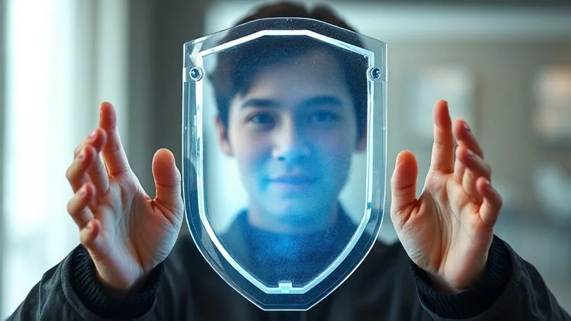 A photorealistic image of a sturdy, transparent shield glowing with a faint blue light, positioned firmly in front of a person who looks relieved and at peace. Behind the shield, blurry hands reaching out with menacing documents are visible. Professional photography, 8K, cinematic lighting, sharp focus on the shield and person, depth of field blurring the background, shot on a high-end DSLR.