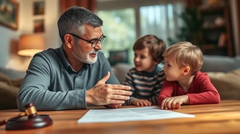 A photorealistic image of a parent calmly and patiently listening to a child in a warm, inviting home environment, while a blurred legal document sits on a table in the background. Professional photography, 8K, cinematic lighting, sharp focus on the interaction, depth of field, shot on a high-end DSLR, conveying empathy and stability amidst legal challenges.