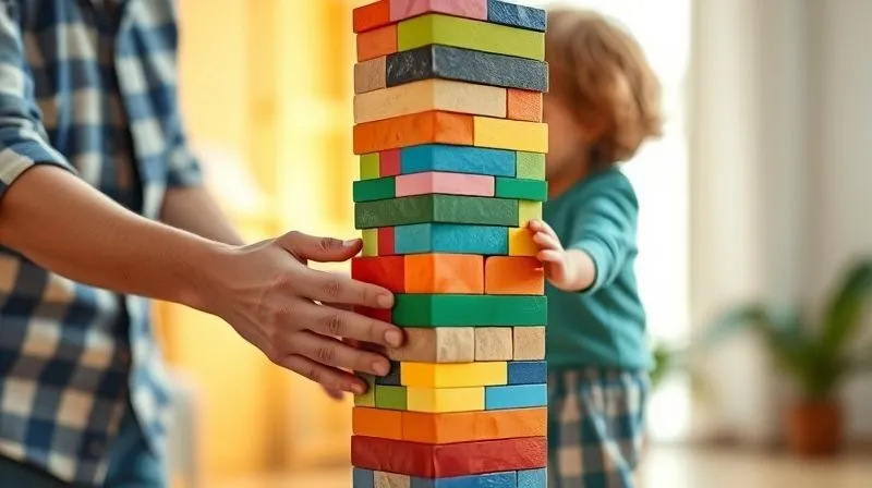 A photorealistic image of a parent and child building a tall, intricate tower of colorful blocks together, symbolizing rebuilding a strong relationship. The background is softly blurred, showing a bright, hopeful home environment. Professional photography, 8K, cinematic lighting, sharp focus on their hands and the blocks, depth of field, shot on a high-end DSLR, conveying collaboration, patience, and growth.