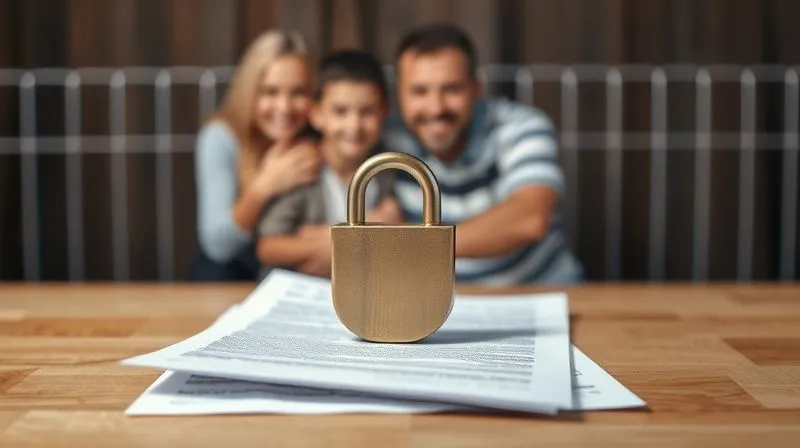 A photorealistic image of a sturdy, well-constructed fence or barrier, symbolizing legal and emotional protection around a happy family unit (blurred in the background). The foreground shows clear, official-looking documents. Professional photography, 8K, cinematic lighting, sharp focus on the protective elements, depth of field, shot on a high-end DSLR, conveying security and long-term stability.