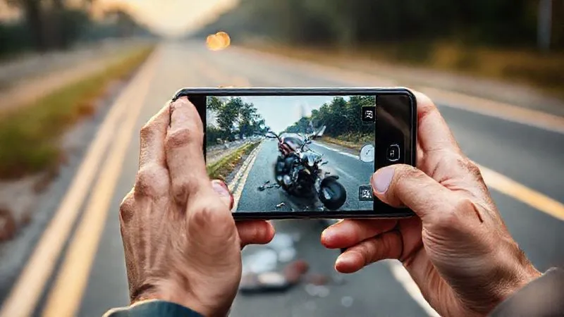 A photorealistic image of a person's hands holding a smartphone, capturing detailed photos of a damaged motorcycle and debris on an asphalt road after an accident. Cinematic lighting, sharp focus on the phone screen and immediate foreground, depth of field blurring the background, 8K, professional photography, shot on a high-end DSLR. The scene conveys urgency and meticulous evidence gathering.