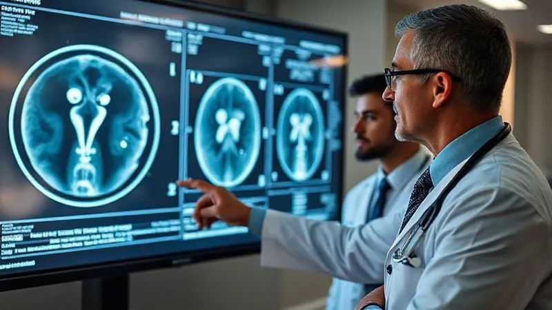A photorealistic, professional photography, 8K image showing a medical expert (doctor in professional attire) pointing to an MRI scan displayed on a large screen, explaining an injury to a legal team. Cinematic lighting, sharp focus on the doctor and the screen, depth of field blurring the background, shot on a high-end DSLR. The scene conveys medical authority and detailed analysis.
