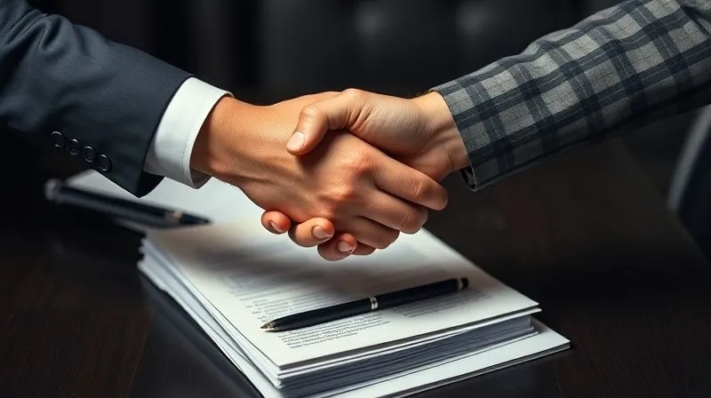 A photorealistic, professional photography, 8K image of two hands shaking firmly over a stack of legal documents on a dark conference table, signifying a difficult but successful negotiation. The hands are well-groomed, and the lighting is cinematic, casting soft shadows. Sharp focus on the handshake, depth of field blurring the background, shot on a high-end DSLR.