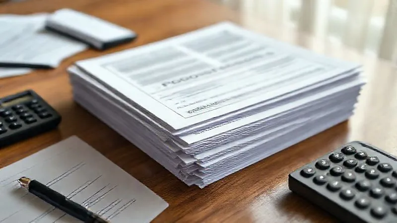 Photorealistic, professional photography, 8K, cinematic lighting, sharp focus, depth of field, shot on a high-end DSLR. A close-up of a stack of official-looking property tax documents and forms neatly organized on a polished wooden desk, with a pen and a calculator nearby. The light is soft and even, highlighting the texture of the paper, conveying a sense of meticulous review and administrative process.