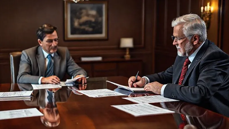 Photorealistic, professional photography, 8K, cinematic lighting, sharp focus, depth of field, shot on a high-end DSLR. A professional-looking lawyer, dressed in a sharp suit, is seated at a large, polished conference table, attentively listening to a concerned homeowner. Legal documents are spread out before them, and the lawyer is making notes. The lighting is soft but focused, emphasizing the serious yet reassuring nature of their interaction, conveying trust and expertise.