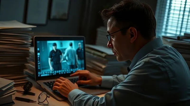 Photorealistic image of a criminal defense attorney in a dimly lit office, surrounded by stacks of legal documents, intensely reviewing a police bodycam footage on a laptop screen. The attorney's face shows deep concentration, with forensic tools and magnifying glass nearby. Cinematic lighting, sharp focus on the attorney and screen, depth of field blurring the background, 8K hyper-detailed, shot on a high-end DSLR. Professional photography, conveying diligent investigation.